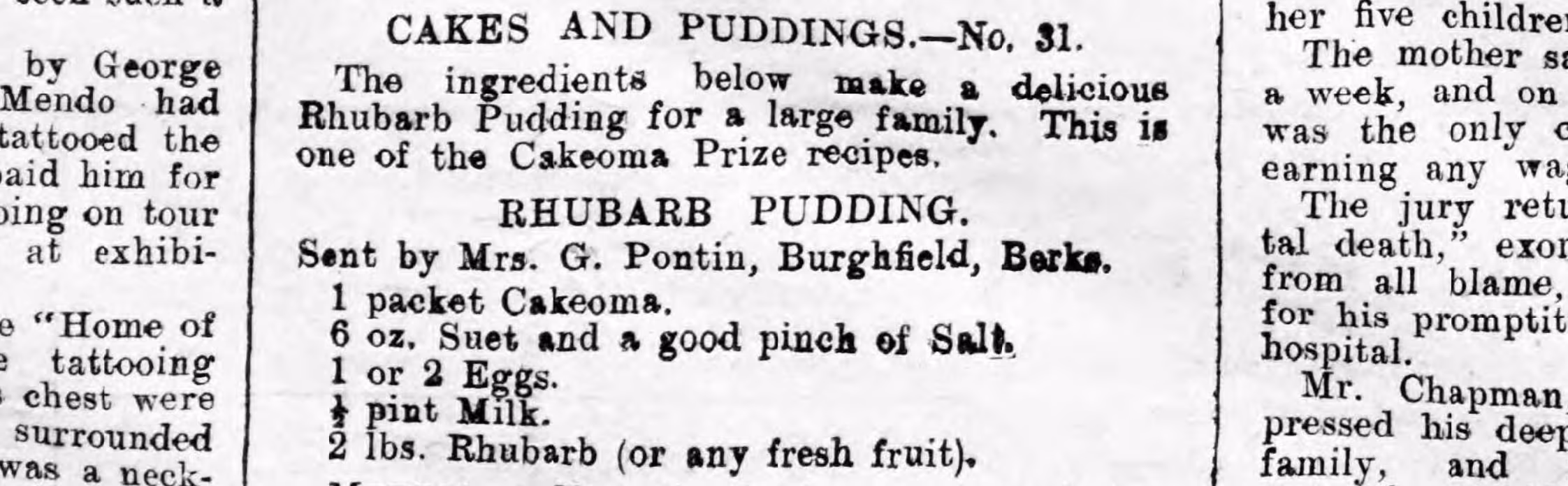 A historic newspaper recipe for rhubarb pudding