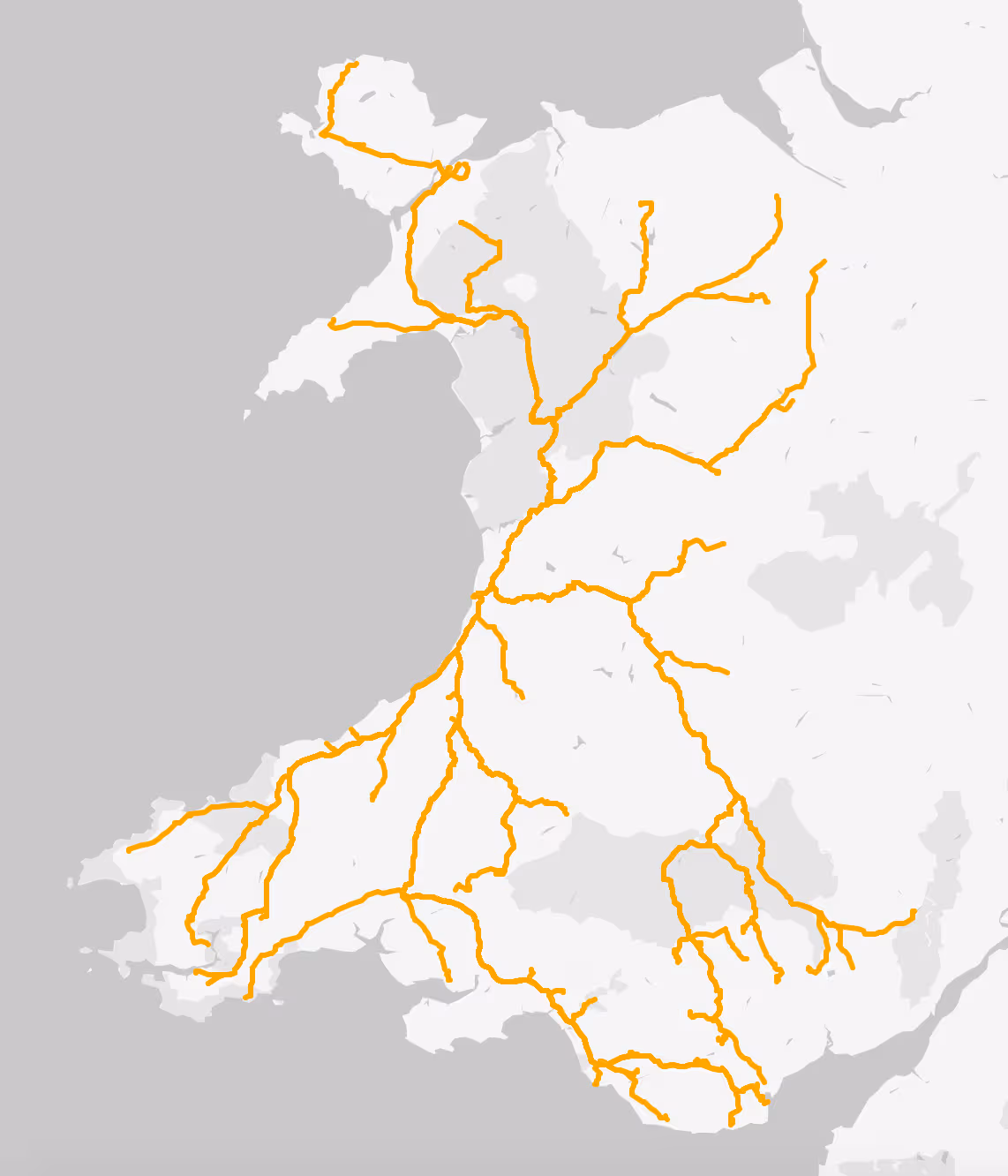 Map of Wales and western Britain showing routes travelled by the project team