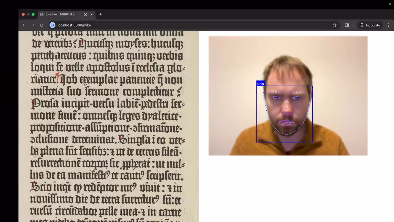 A historical newspaper page beside a webcam image with facial landmarks tracking a viewer