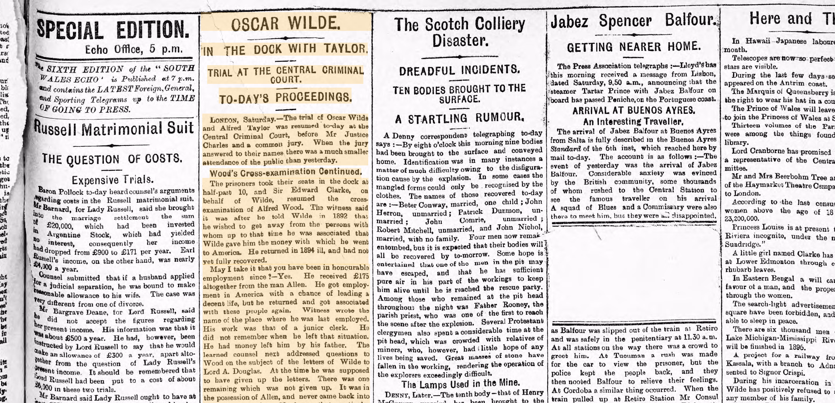 A digitised newspaper page with the Oscar Wilde trial column highlighted beside reports of a colliery disaster and other news