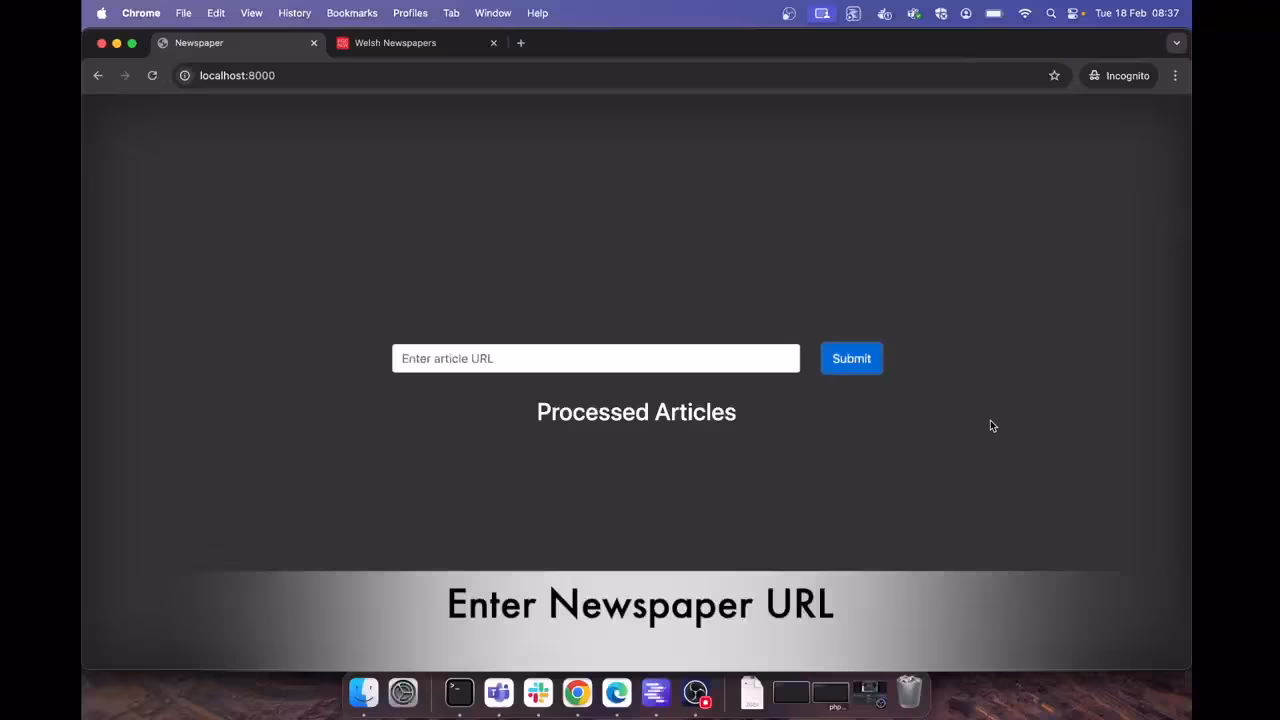 A browser-based tool with a newspaper URL field and a list of processed articles