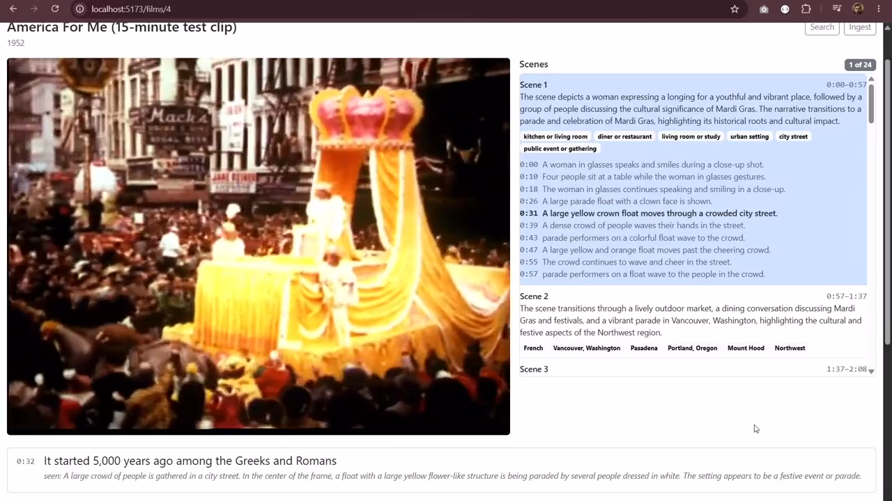 A video search interface showing a film scene beside an automatically generated scene description