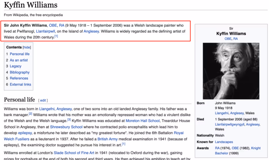 Wikipedia article for Kyffin Williams with his name highlighted in the introductory text
