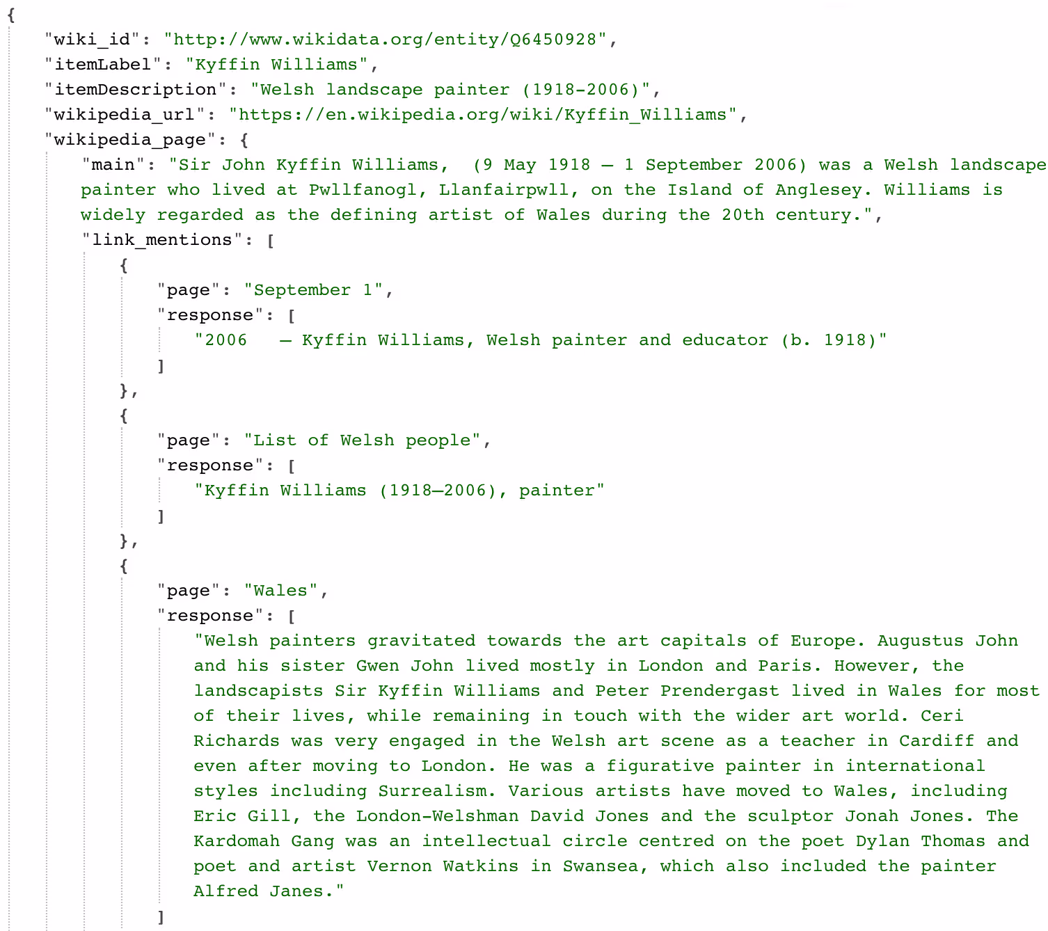 JSON data containing a Wikidata identifier and text about Kyffin Williams
