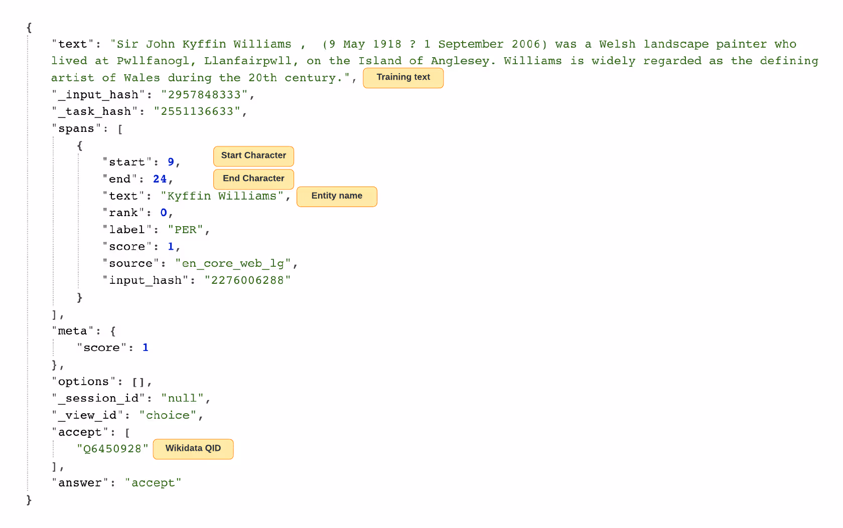 Annotated JSON training data marking mentions of Kyffin Williams and their character positions