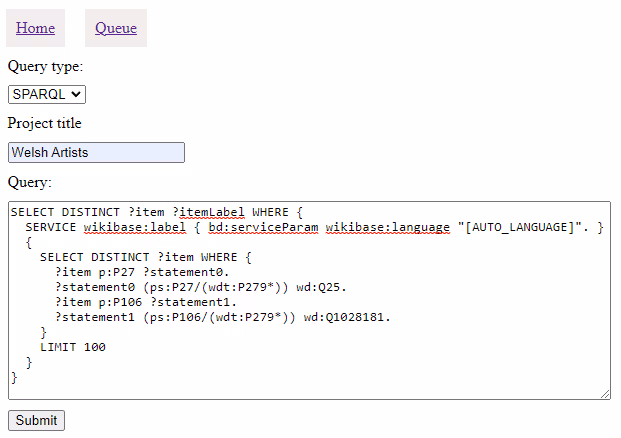 Search interface containing a SPARQL query for Welsh artists