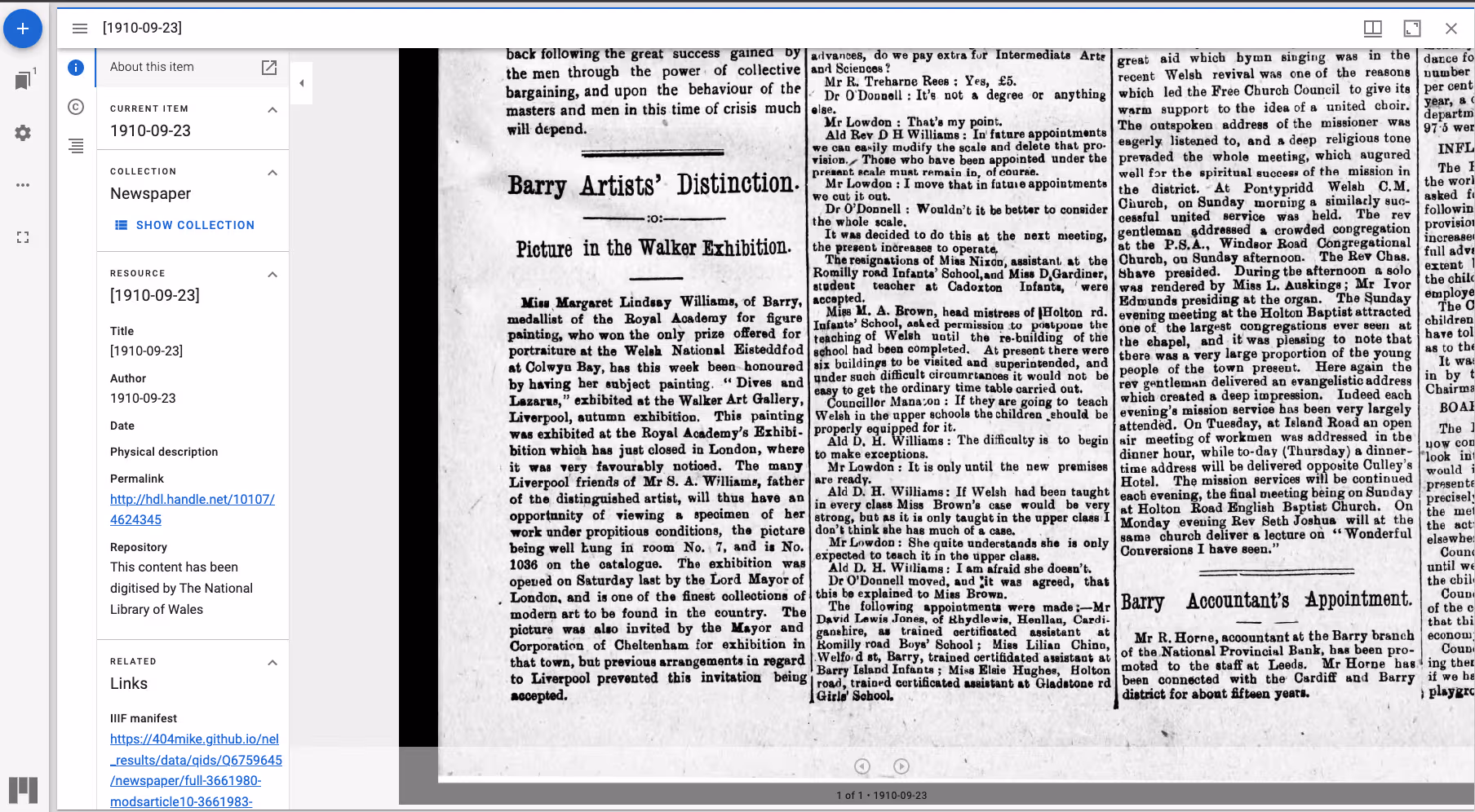 Historic newspaper page displayed in the Mirador IIIF viewer