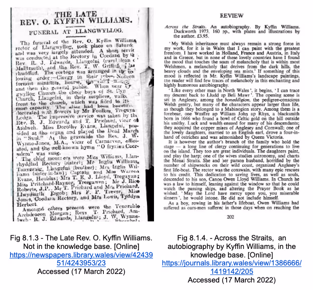 Two historic newspaper notices concerning Reverend O. Kyffin Williams