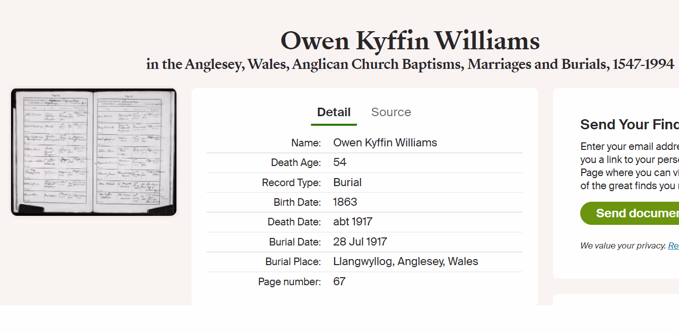 Genealogy record for Owen Kyffin Williams of Anglesey