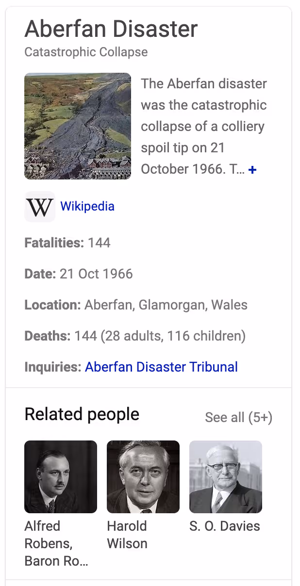 Search-engine knowledge panel for the Aberfan disaster