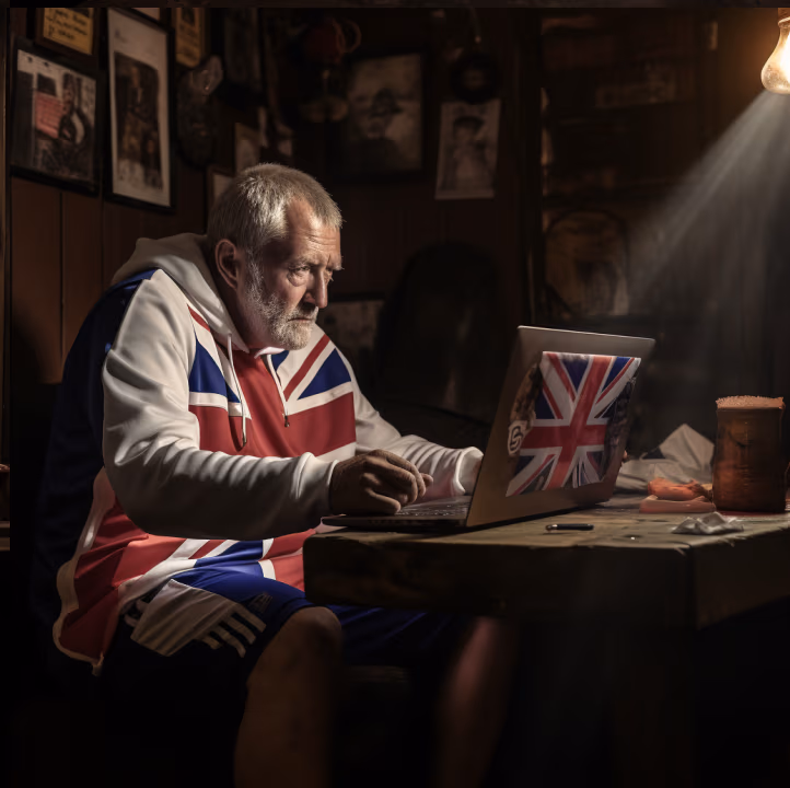 An older man using a laptop decorated with a Union Jack