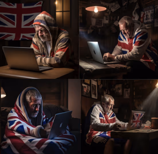 Four AI-generated images of older men using laptops while wearing or wrapped in Union Jack clothing